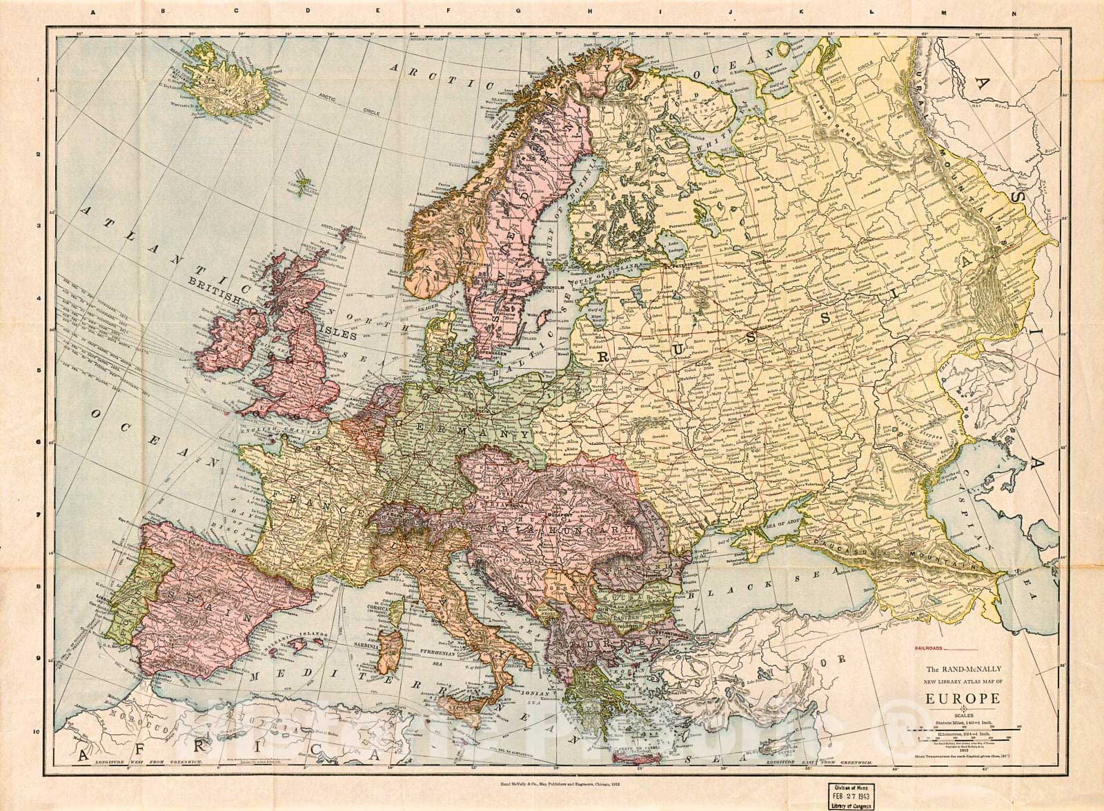 Historic 1912 Map - The Rand-McNally New Library Atlas map of Europe