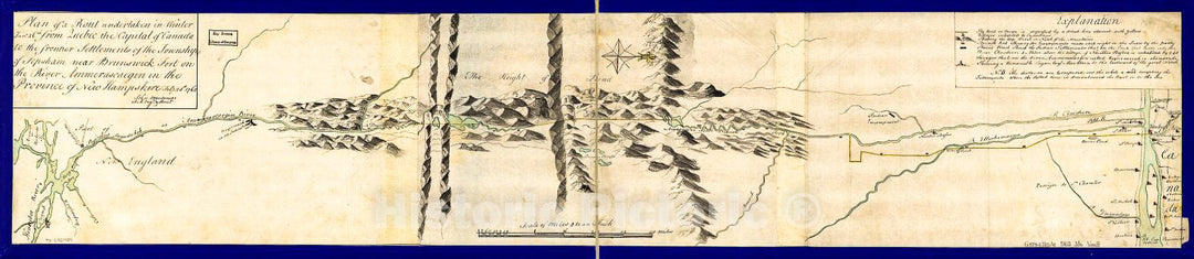 Historic 1760 Map - Plan of a rout undertaken in Winter, Jany. 26th, from Quebec, The Capital of Canada, to The Frontier settlements of The Township of Topsham Near Brunswick Fort