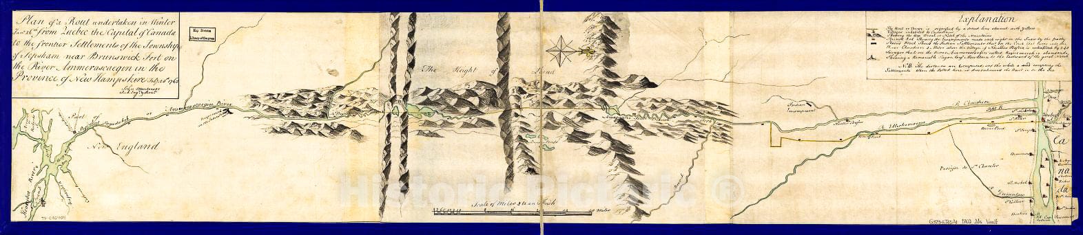 Historic 1760 Map - Plan of a rout undertaken in Winter, Jany. 26th, from Quebec, The Capital of Canada, to The Frontier settlements of The Township of Topsham Near Brunswick Fort
