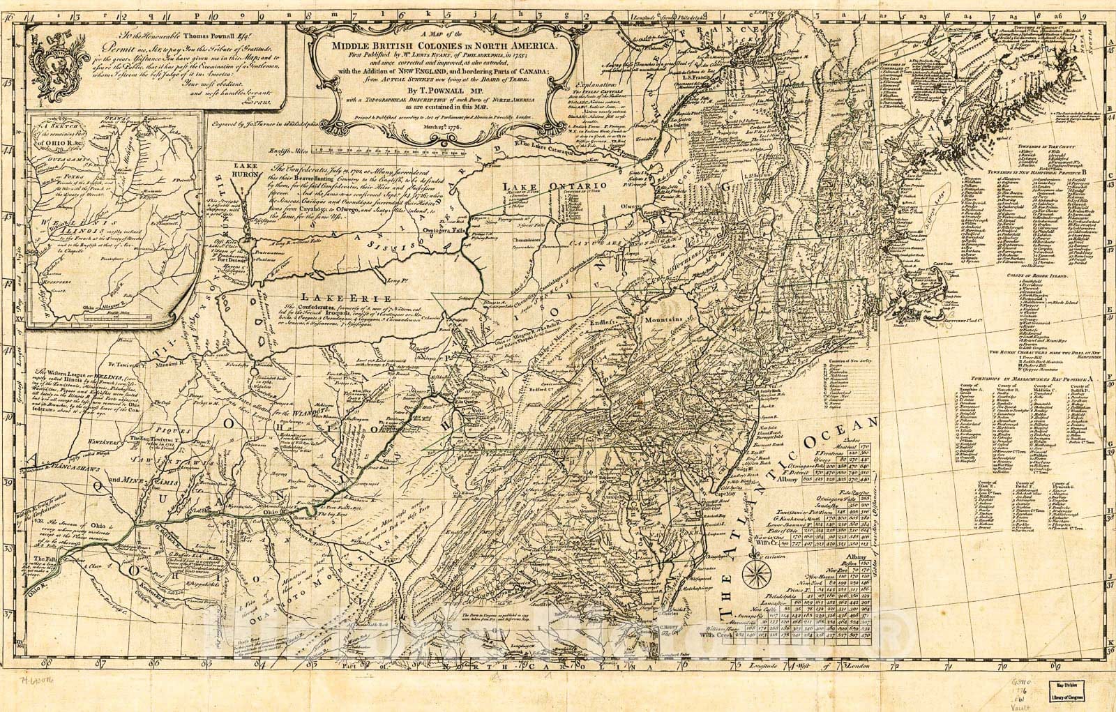 Historic 1776 Map - A map of The Middle British Colonies in North America. First published by Lewis Evans, of Philadelphia, in 1755; and Since Corrected and Improved, as Also Extended