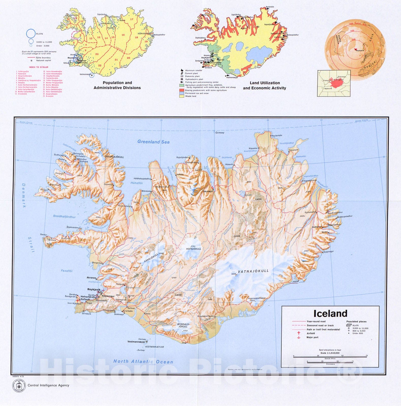 Historic 1973 Map - Iceland. 4-73.