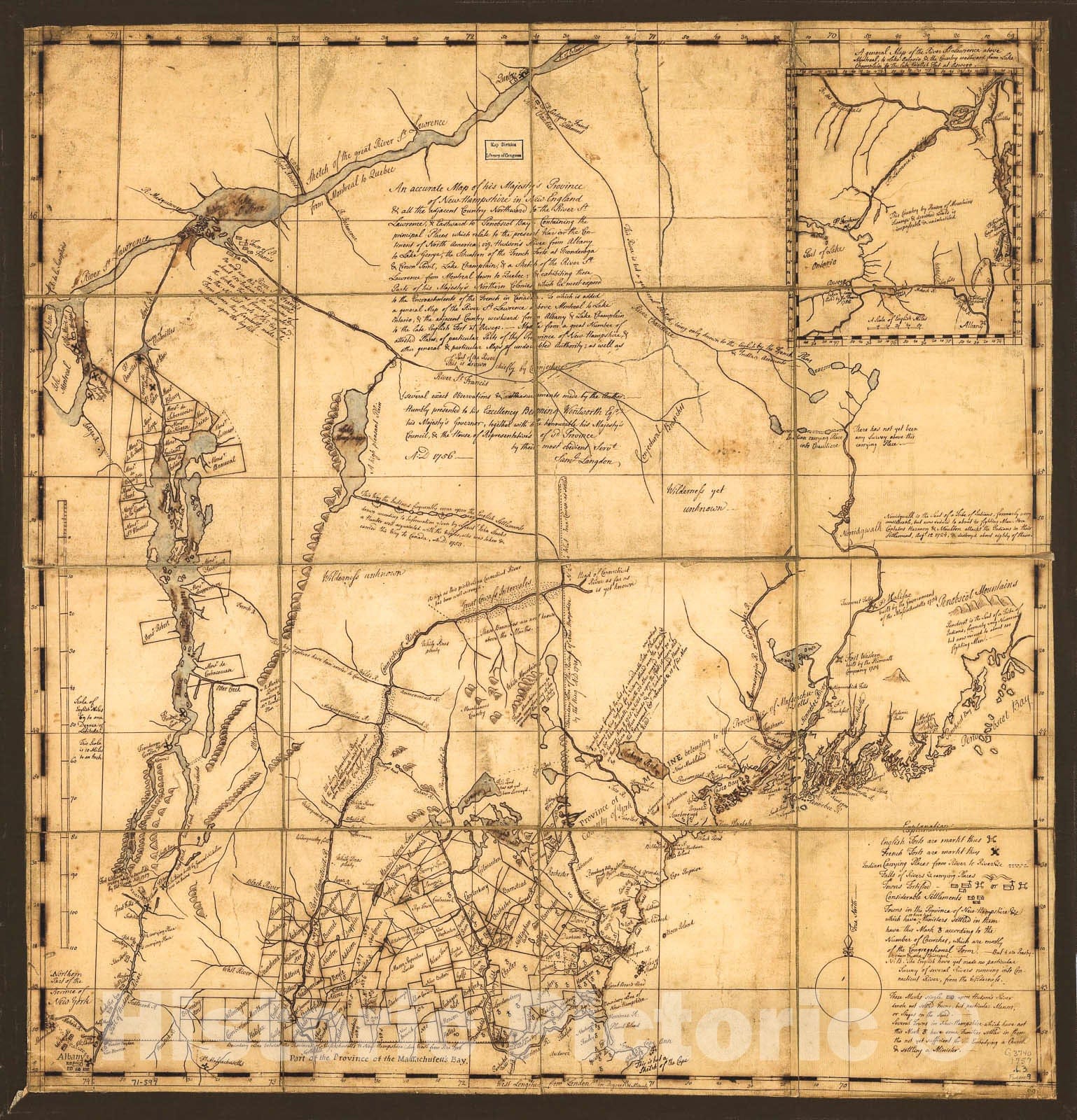 Historic 1757 Map - an Accurate map of His Majesty's Province of New-Hampshire in New England & All The Adjacent Country northward to The River St. Lawrence, eastward to Penobscot Bay