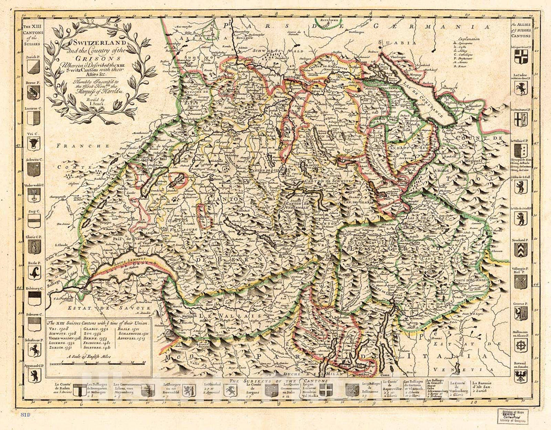 Historic 1721 Map - Switzerland and The Country of The Grisons : wherein is described The XIII Switz Cantons with Their Allies