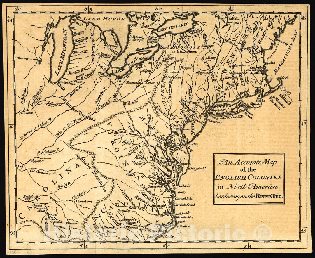 Historic 1754 Map - an Accurate map of The English Colonies in North America, bordering on The River Ohio.