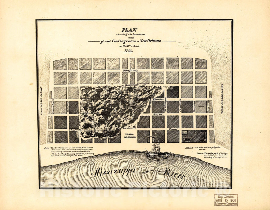 Historic 1900 Map - Plan Showing The Boundaries of The Great Conflagration of New Orleans on The 21st of March 1788.