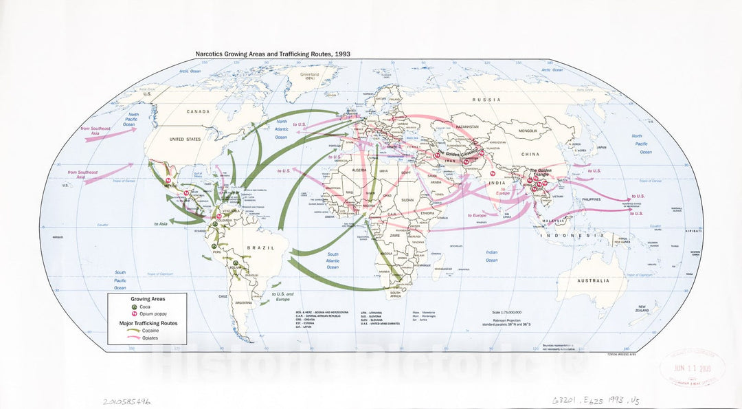 Historic 1993 Map - Narcotics Growing Areas and Trafficking Routes, 1993 : World map