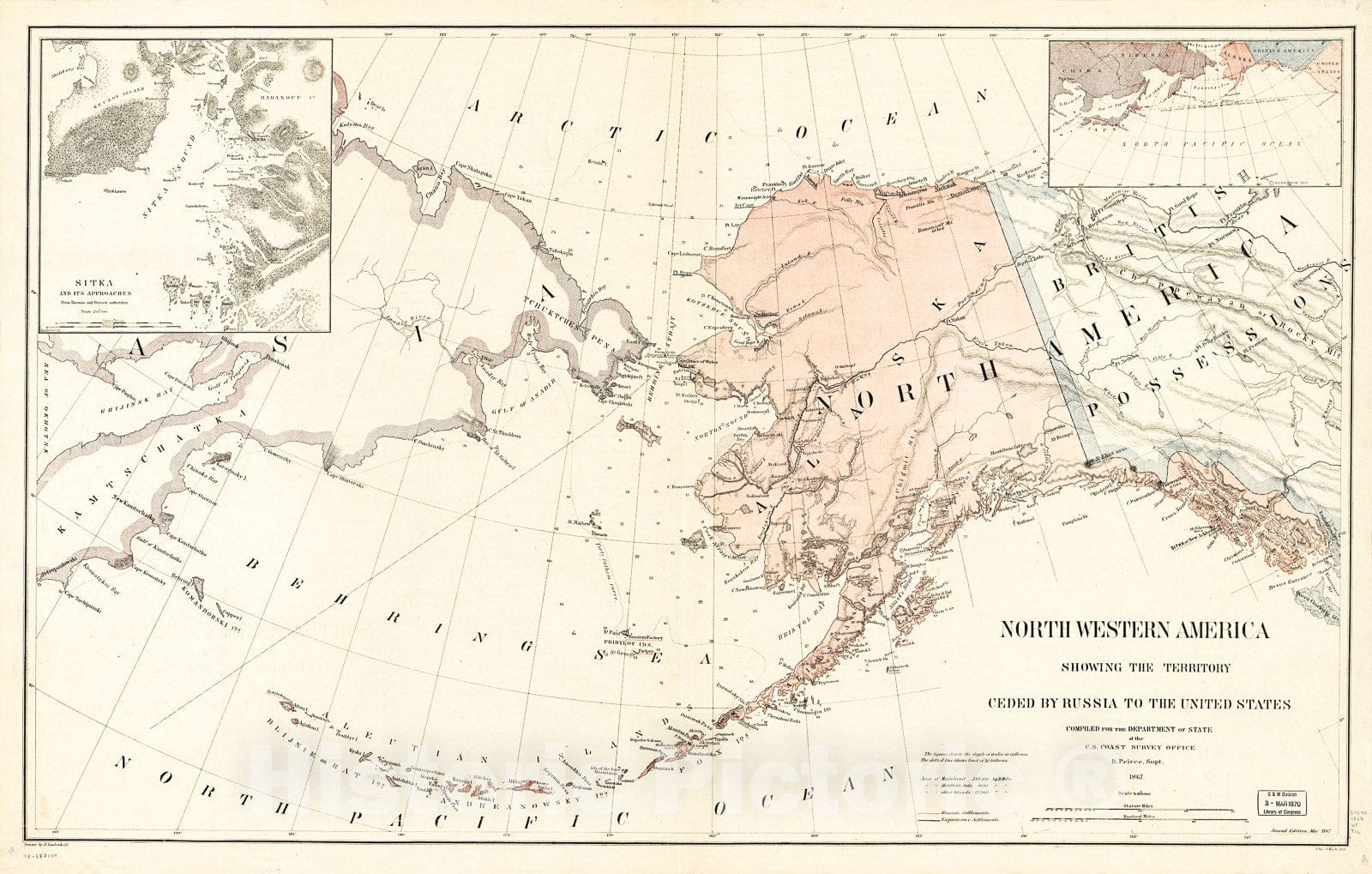 Historic 1867 Map - Northwestern America Showing The Territory ceded by Russia to The United States.