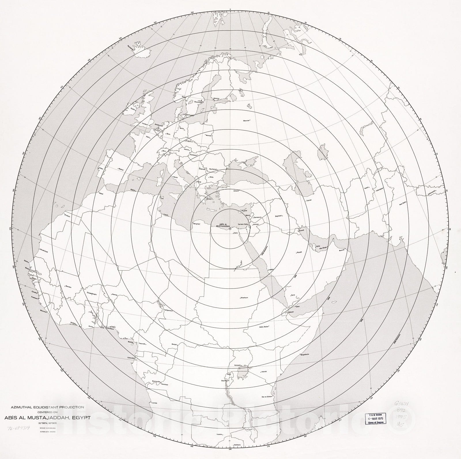 Historic 1975 Map - Azimuthal equidistant Projection Centered on Abs al Mustajaddah, Egypt, 3108N, 3006E.