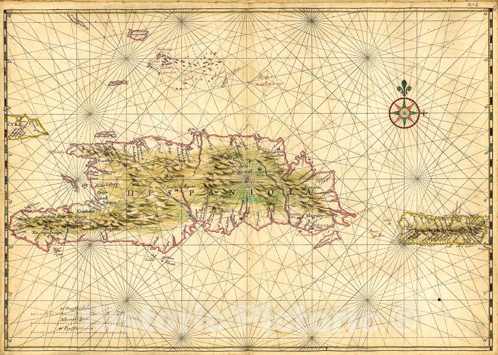 Historic 1639 Map - Map of The Islands of Hispaniola and Puerto Rico