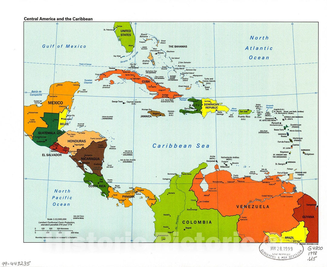 Historic 1998 Map - Central America and The Caribbean.