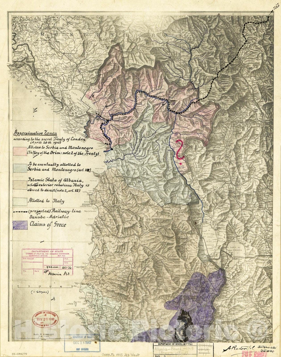 Historic 1915 Map - Approximative Zones According to The Secret Treaty of London (April 26th 1915) : Albania