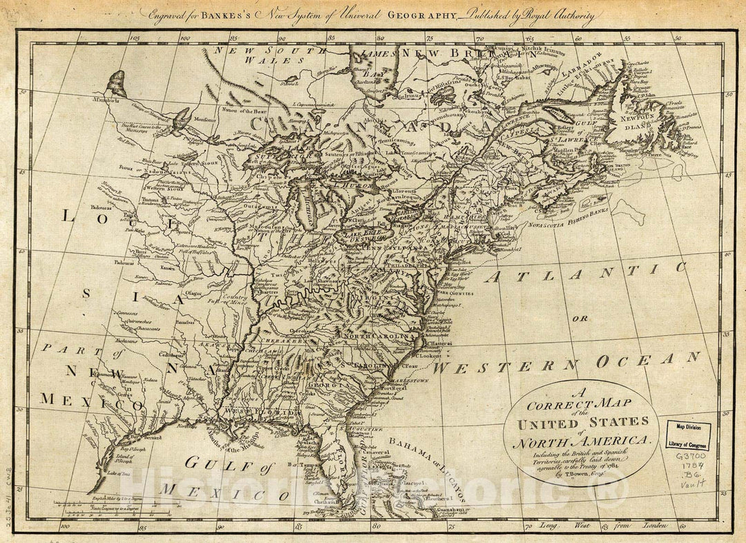 Historic 1780 Map - A Correct map of The United States of North America; Including The British and Spanish Territories, Carefully Laid Down Agreeable to The Treaty of 1784.