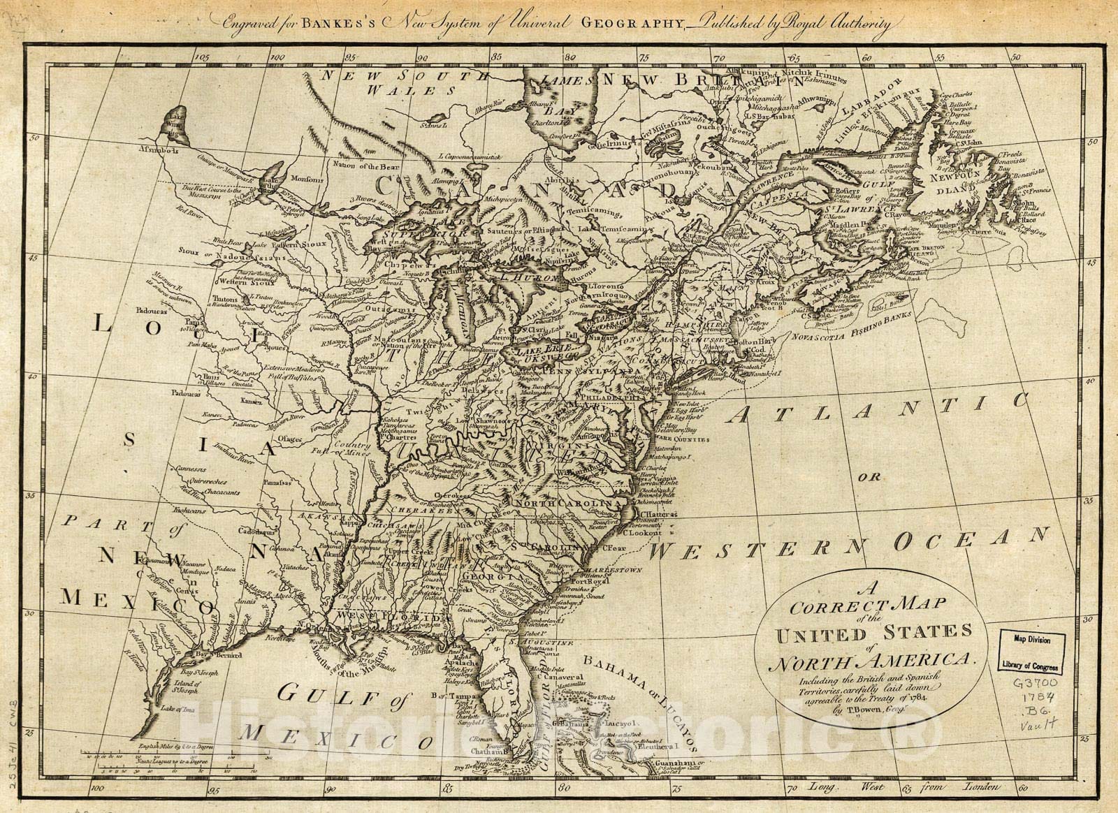 Historic 1780 Map - A Correct map of The United States of North America; Including The British and Spanish Territories, Carefully Laid Down Agreeable to The Treaty of 1784.