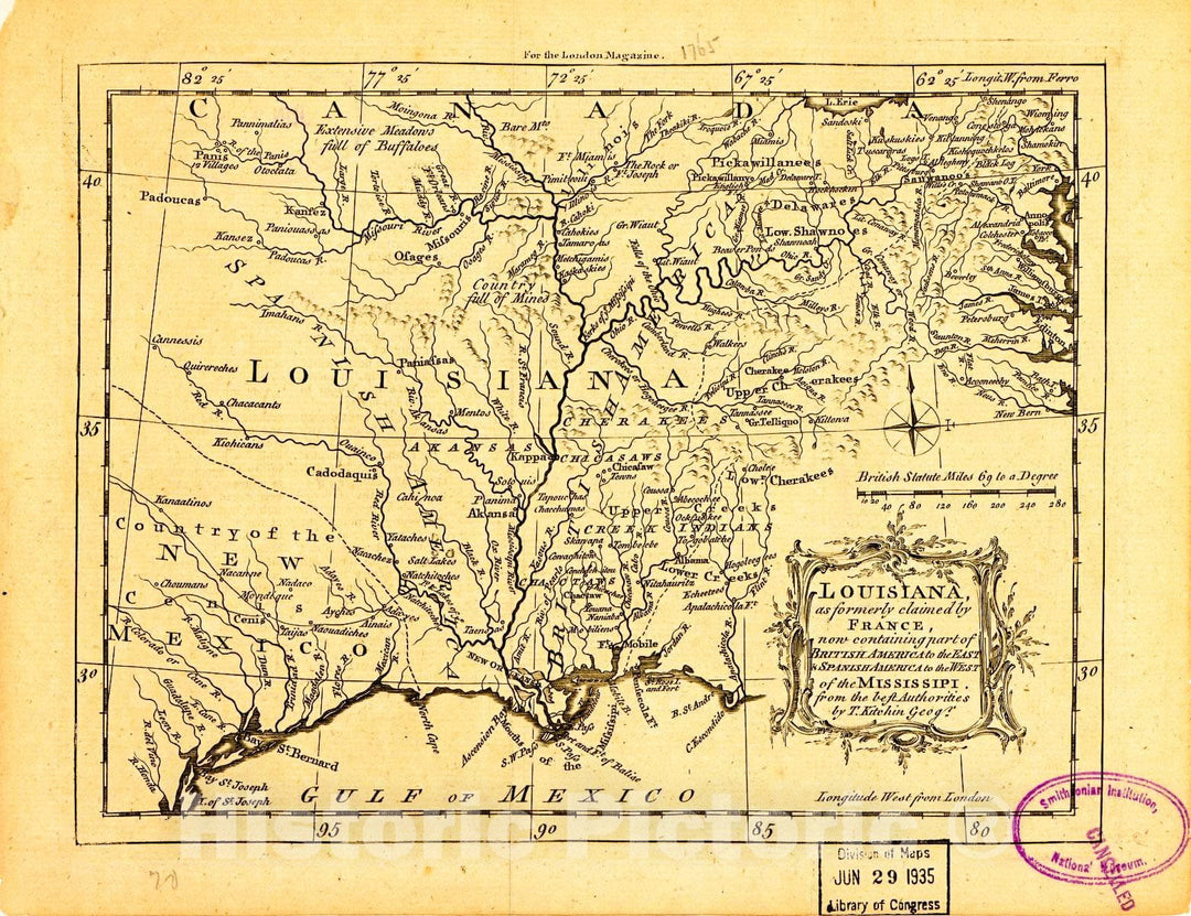 Historic 1765 Map - Louisiana, as Formerly Claimed by France, Now containing Part of British America to The East & Spanish America to The west of The Mississippi.