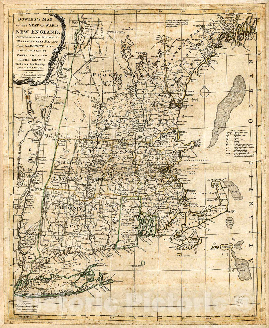 Historic 1776 Map - Bowles's map of The seat of war in New England. Comprehending The Provinces of Massachusets Bay, and New Hampshire; with The Colonies of Connecticut and Rhode Island