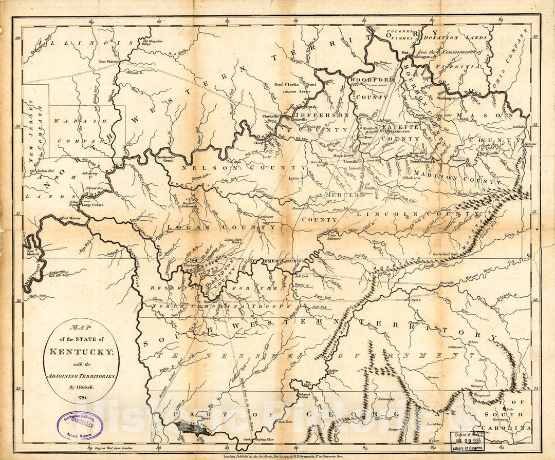 Historic 1794 Map - Map of The State of Kentucky : with The adjoining Territories