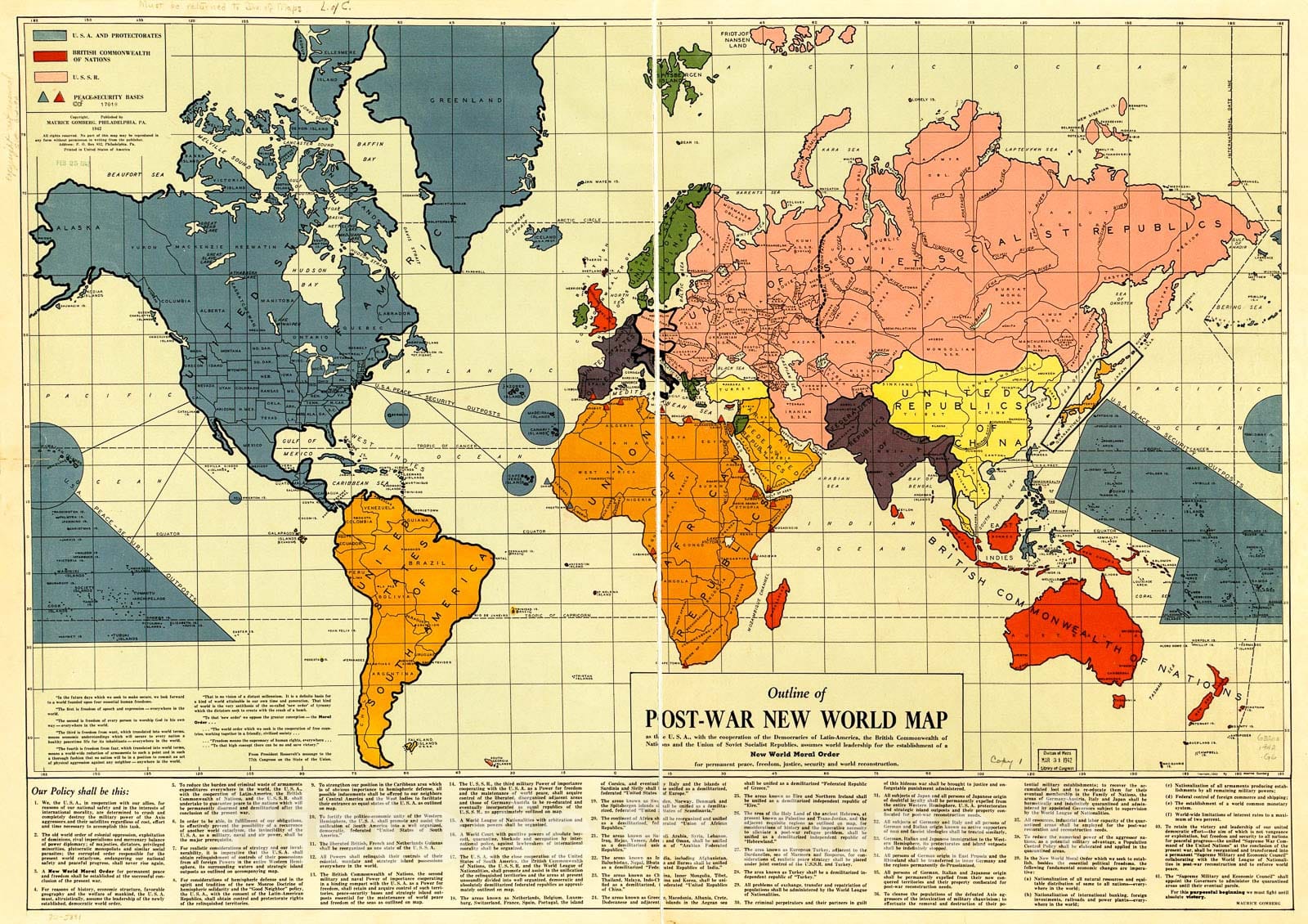 Historic 1942 Map - Outline of Post-war New World map.