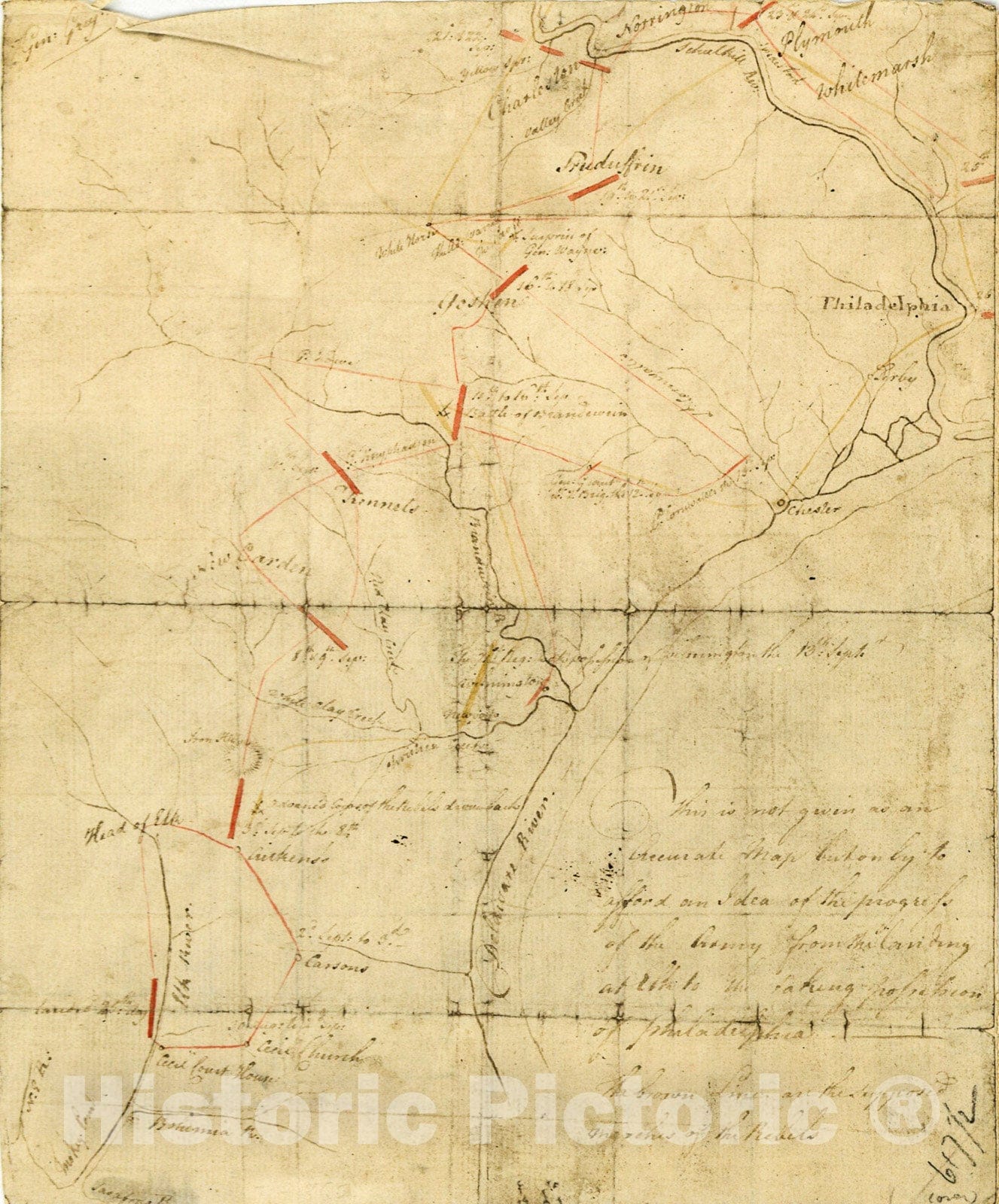 Historic 1777 Map - This is not Given as an Accurate map, but only to Afford an idea of The Progress of The Army from The Landing at Elk to The Taking of Possession of Philadelphia