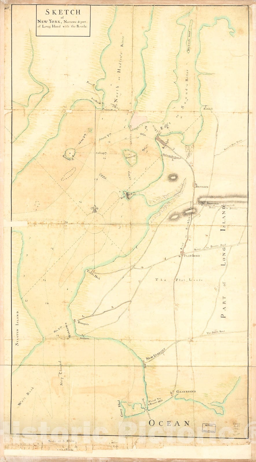 Historic 1776 Map - Sketch of New York, Narrows & Part of Long Island with The Roads.