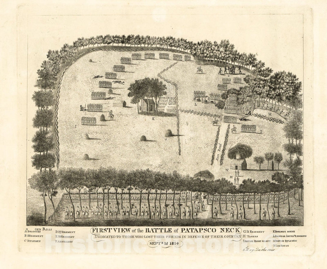 Historic 1814 Map - First View of The Battle of Patapsco Neck : Dedicated to Those who Lost Their Friends in Defence of Their Country, Sept'r 12 1814.