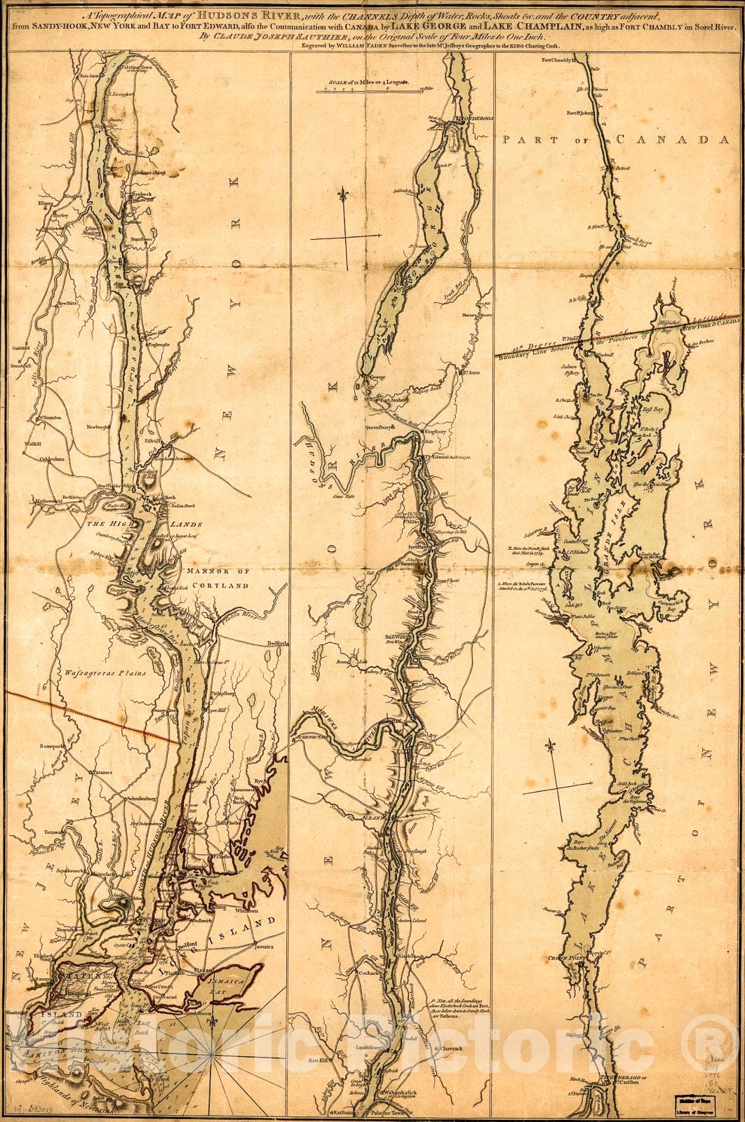 Historic 1777 Map - A Topographical map of Hudsons River, with The Channels Depth of Water, Rocks, Shoals and The Country Adjacent, from Sandy-Hook, New York