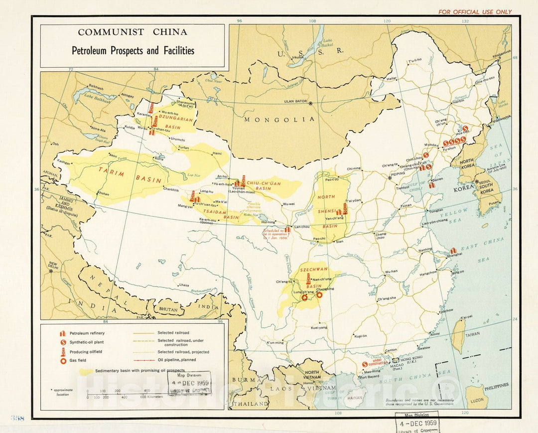 Historic 1958 Map - Communist China, Petroleum prospects and Facilities.