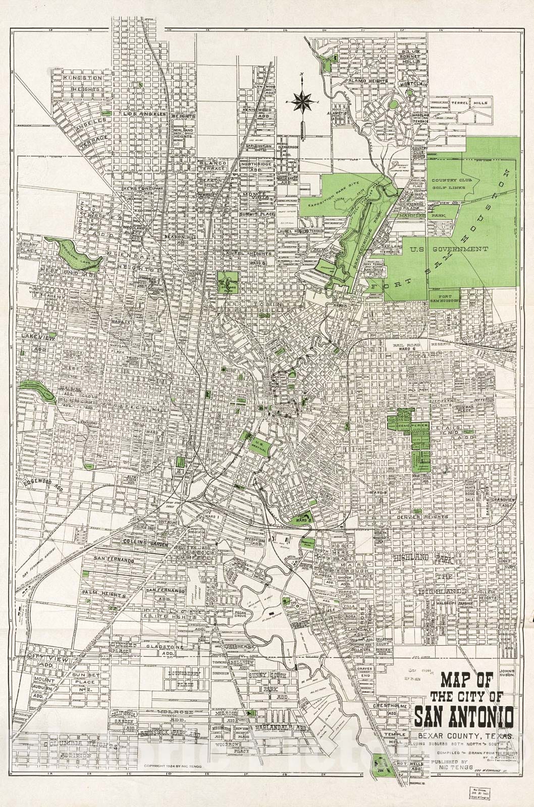 Historic 1924 Map - Map of The City of San Antonio, Bexar County: Including Suburbs Both North and South