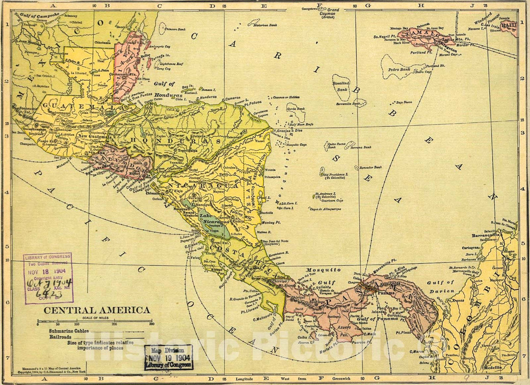 Historic 1904 Map - Central America. 3