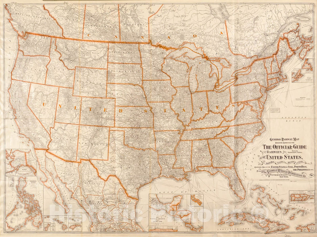 Historic 1918 Map - General Railway map Engraved expressly for The Official Guide of The Railways and Steam Navigation Lines of The United States, Portosic Rico, Canada, Mexico and Cuba