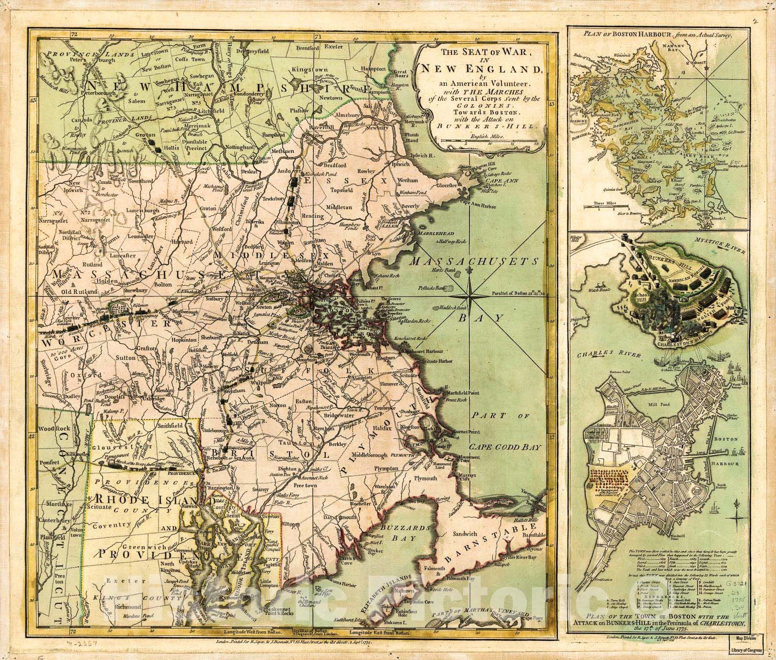 Historic 1775 Map - The Seat of war in New England, by an American Volunteer, with The marches of The Several Corps Sent by The Colonies Towards Boston, with The Attack on Bunkers-Hill.