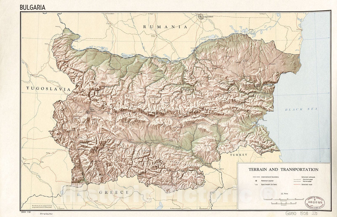 Historic 1958 Map - Bulgaria, Terrain and Transportation.