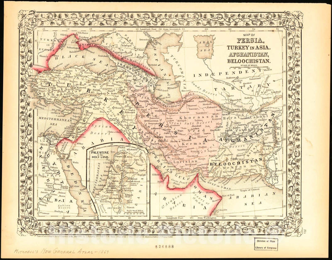 Historic 1869 Map - Map of Persia, Turkey in Asia : Afghanistan, Beloochistan.