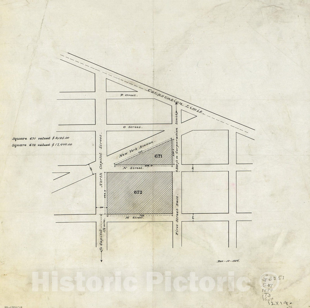 Historic 1884 Map - Tax Survey map of Squares 671 and 672, N.E. Washington D.C.