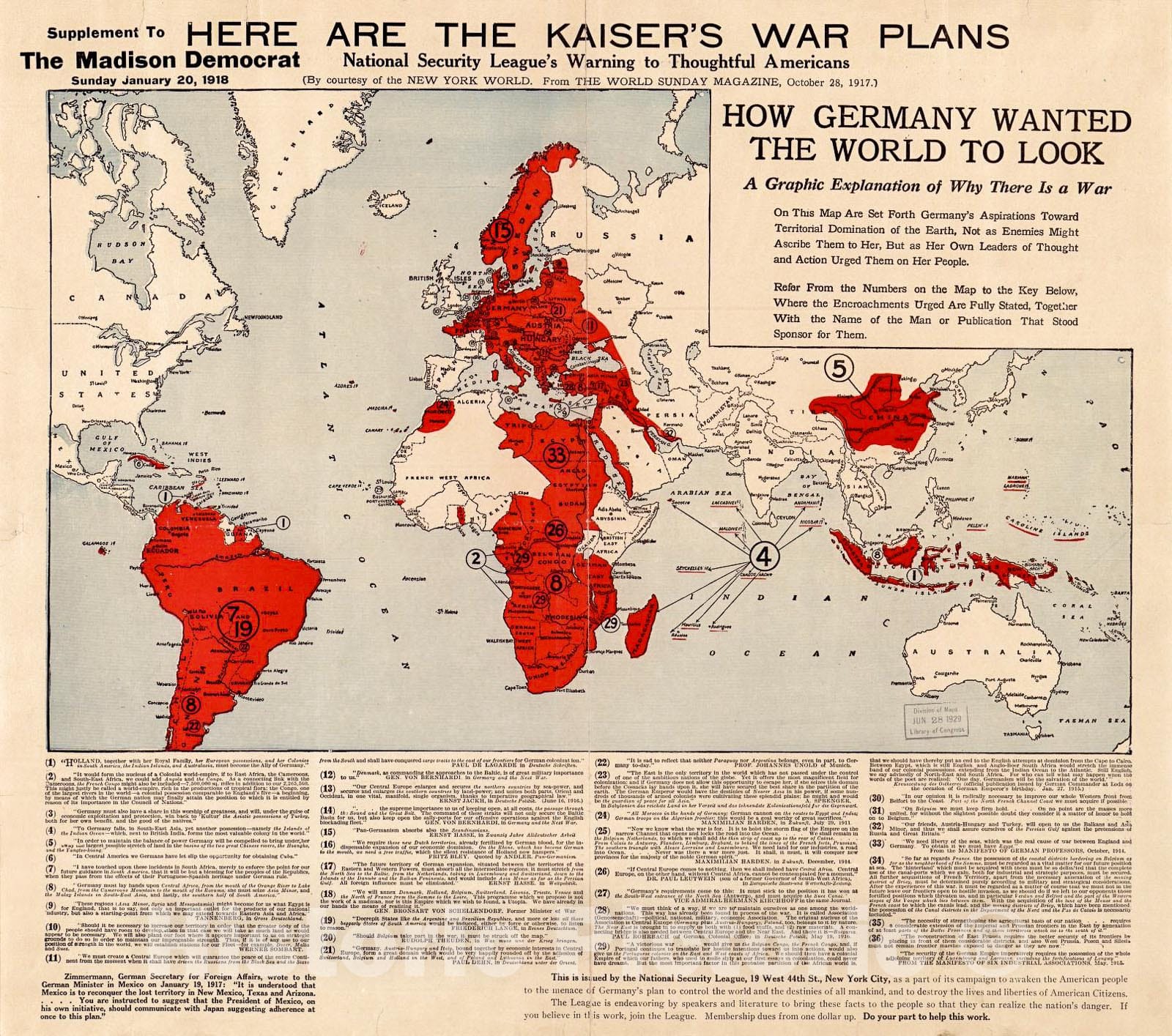 Historic 1917-1918 Map - Here are The Kaiser's war Plans : National Security League's Warning to Thoughtful Americans : How Germany Wanted The World to Look