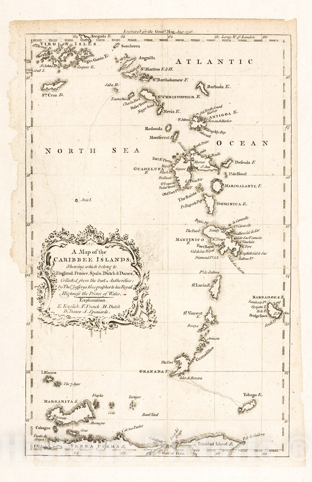 Historic 1756 Map - A map of The Caribbee Islands : shewing which Belong to England, France, Spain, Dutch & Danes Collected from The Best Authorities