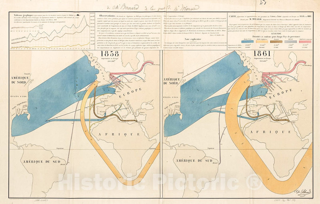 Historic 1862 Map - Carte figurative et approximative des quantitiÃ©s de Coton en Laine importÃ©es en Europe en 1858 et en 1861