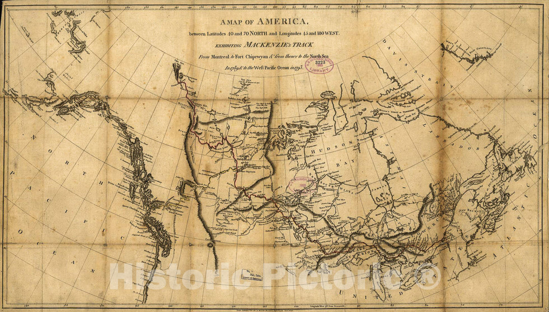 Historic 1801 Map - A map of America Between latitudes 40 and 70 North and longitudes 45 and 180 west exhibiting Mackenzie's Track from Montreal to Fort Chipewyan