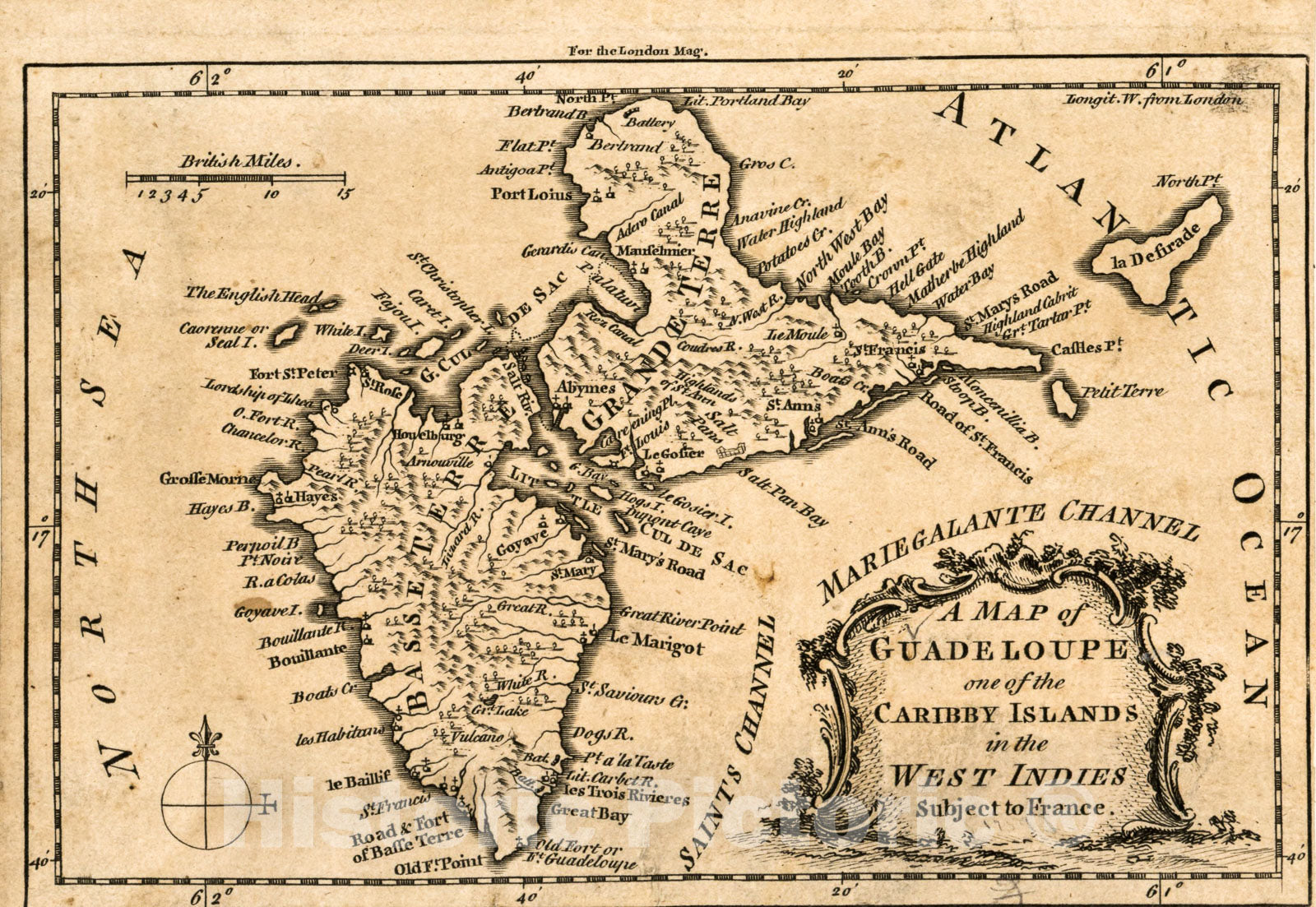 Historic 1759 Map - A map of Guadeloupe, one of The Caribby Islands in The West Indies Subject to France.