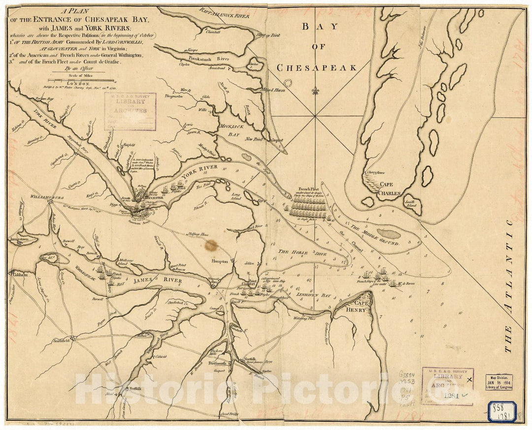 Historic 1781 Map - A Plan of The Entrance of Chesapeak Bay, with James and York Rivers; wherein are Shewn The respective Positions (in The Beginning of October) 1. of The British Army