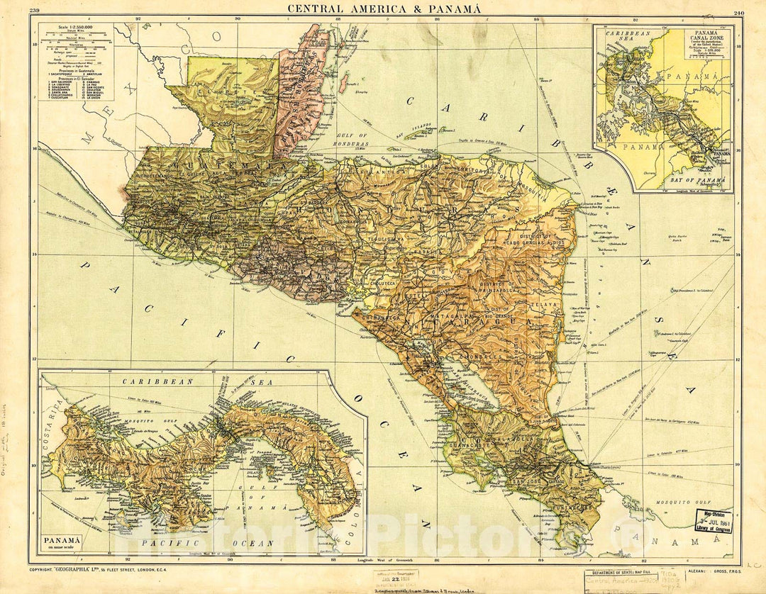 Historic 1920 Map - Central America & PanamÃ¡.