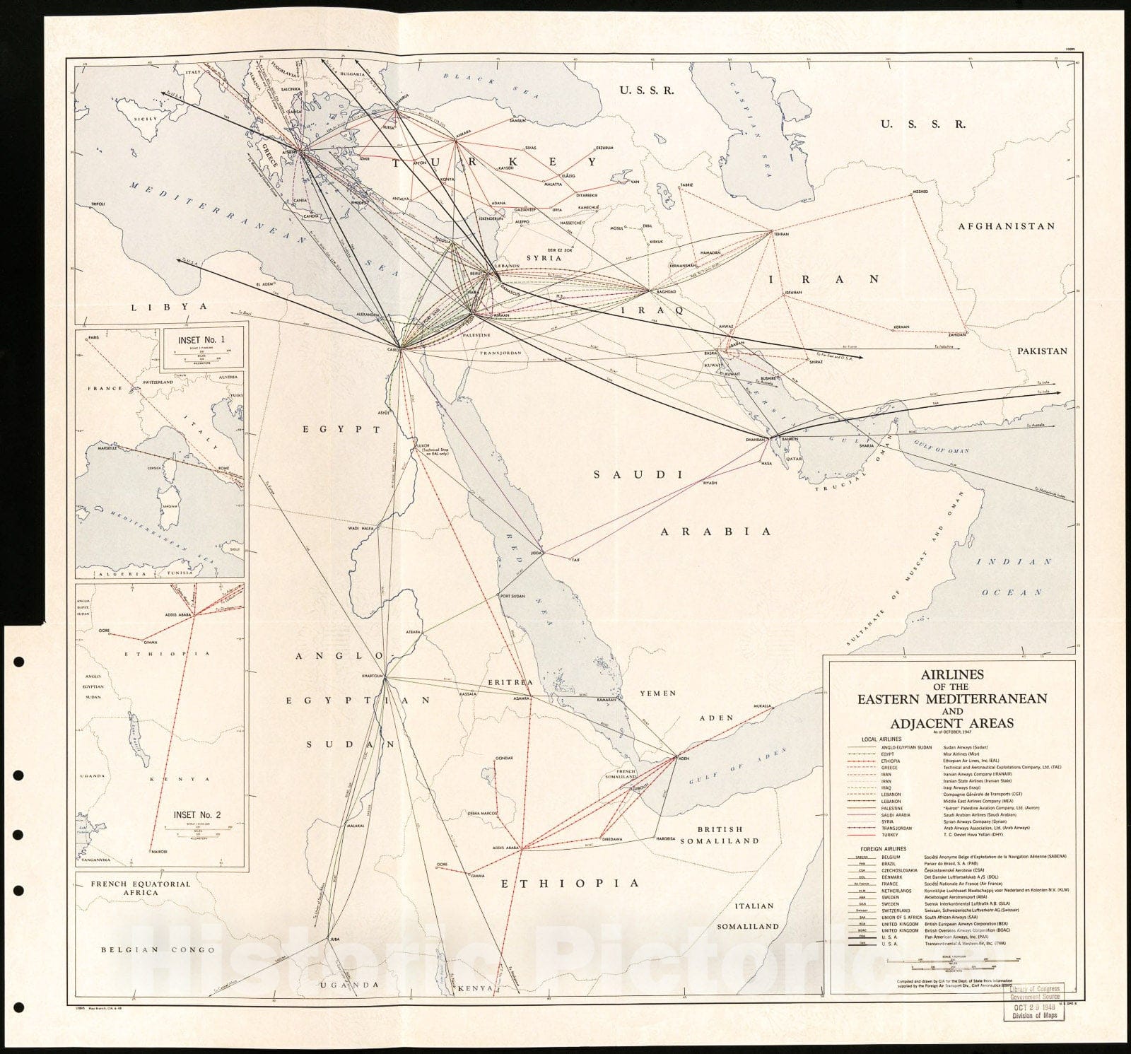 Historic 1948 Map - Airlines of The Eastern Mediterranean and Adjacent Areas : As of October, 1947