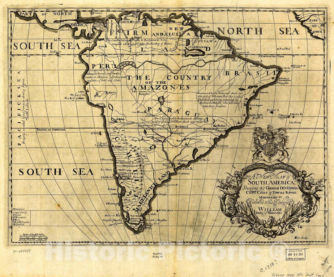 Historic 1700 Map - A New map of South America, shewing It's General divisions, Chief Cities & Towns, Rivers, Mountains