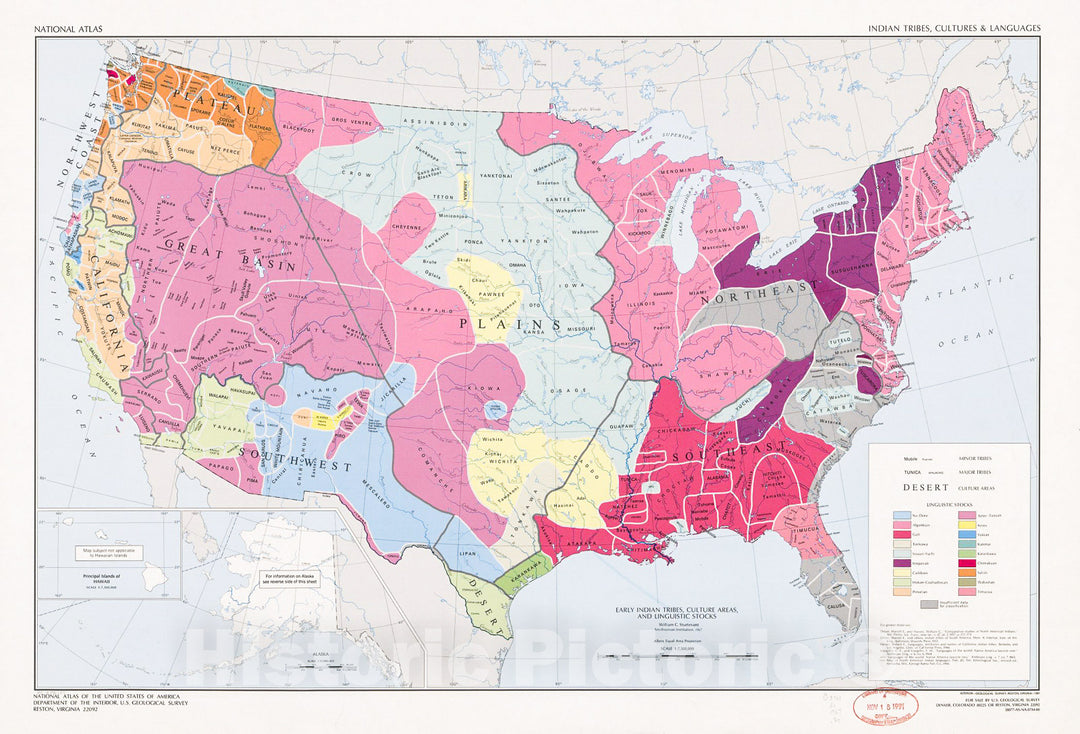 Historic 1967 Map - National Atlas. Indian Tribes, Cultures & Languages : United States