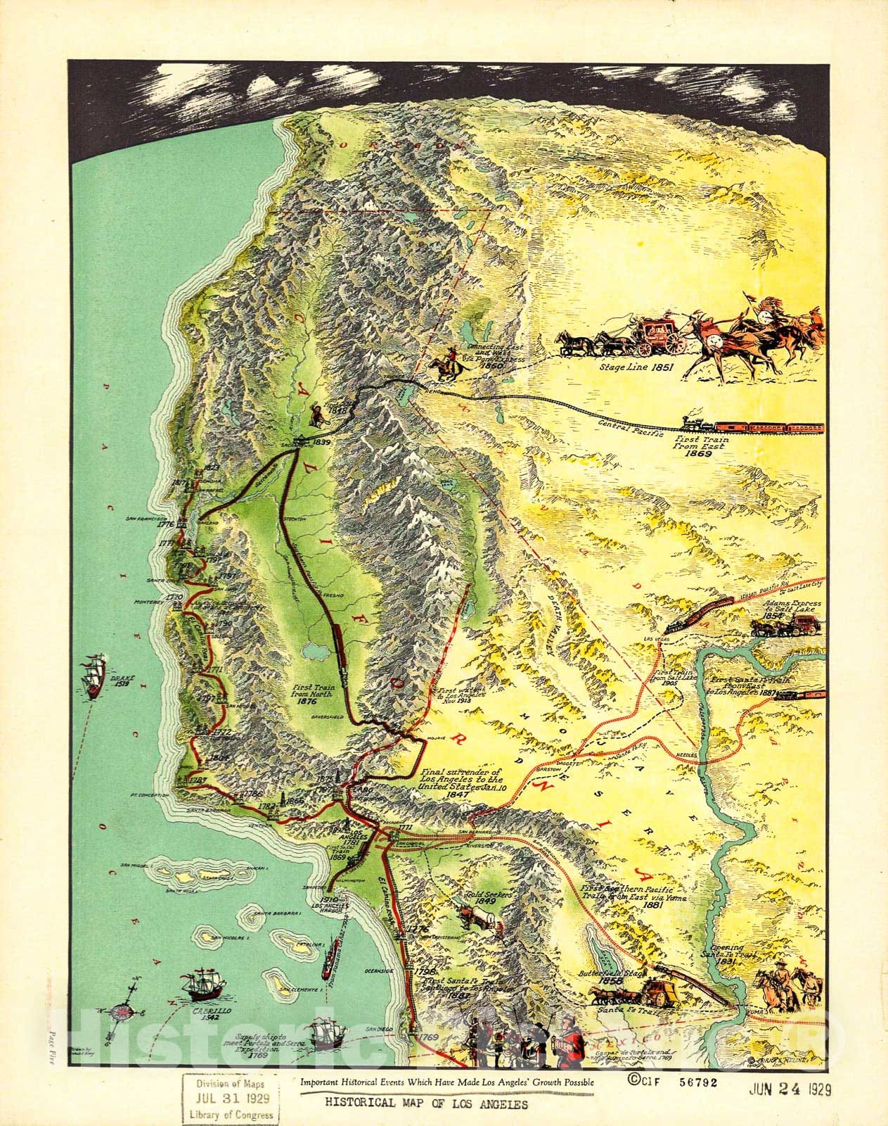 Historic 1929 Map - Important Historical Events which Have Made Los Angeles' Growth Possible