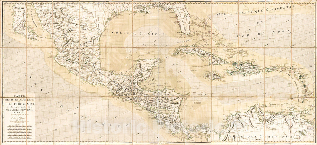 Historic 1780 Map - Carte des Isles Antilles et du Golfe du Mexique, avec la majeure Partie de la Nouvelle Espagne.