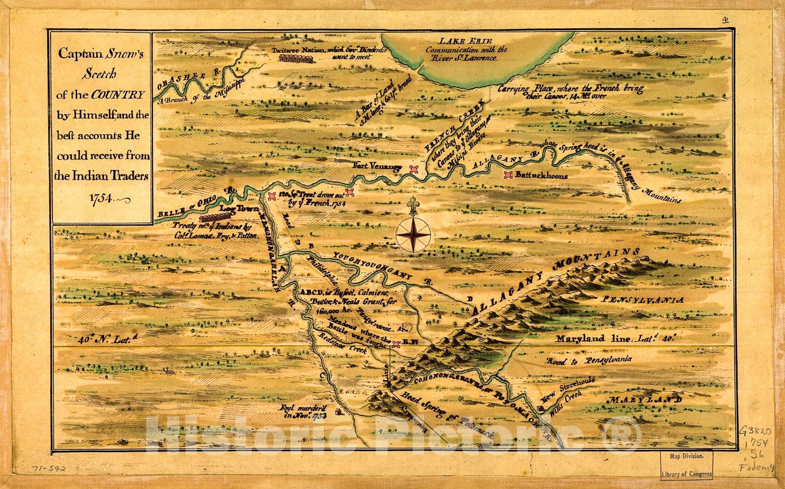 Historic 1754 Map - Captain Snow's scetch of The Country by Himself, and The Best Accounts he Could Receive from The Indian Traders.