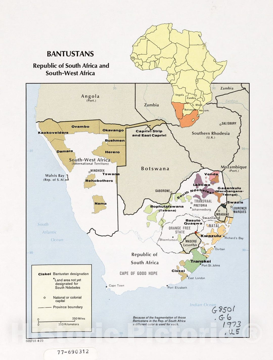 Historic 1973 Map - Bantustans, Republic of South Africa and South-West Africa.