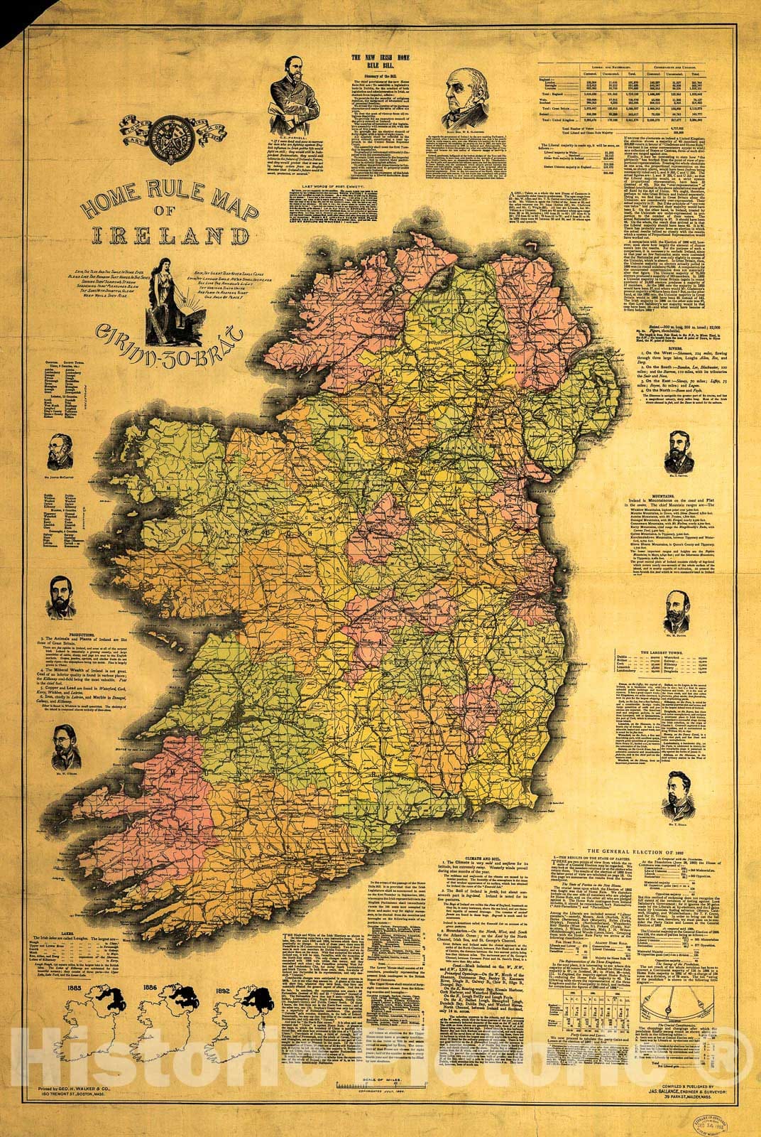 Historic 1893 Map - Home Rule Map of Ireland.