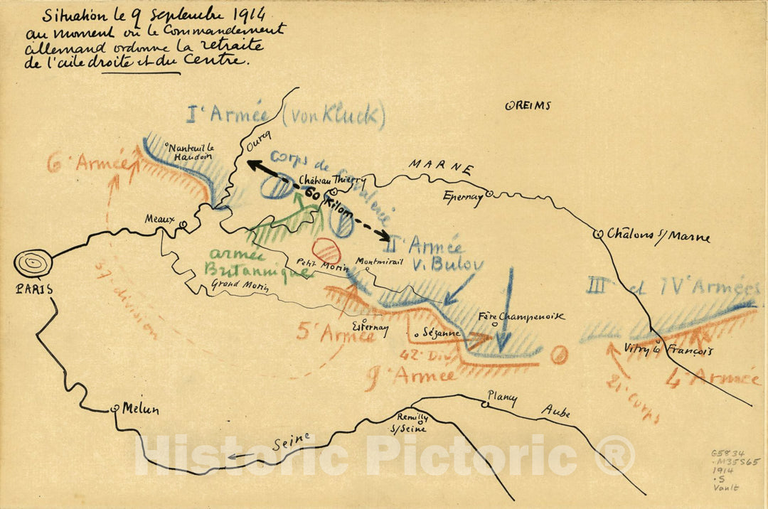 Historic 1914 Map - Situation le 9 septembre 1914 la veille de la Bataille de la Marne : France