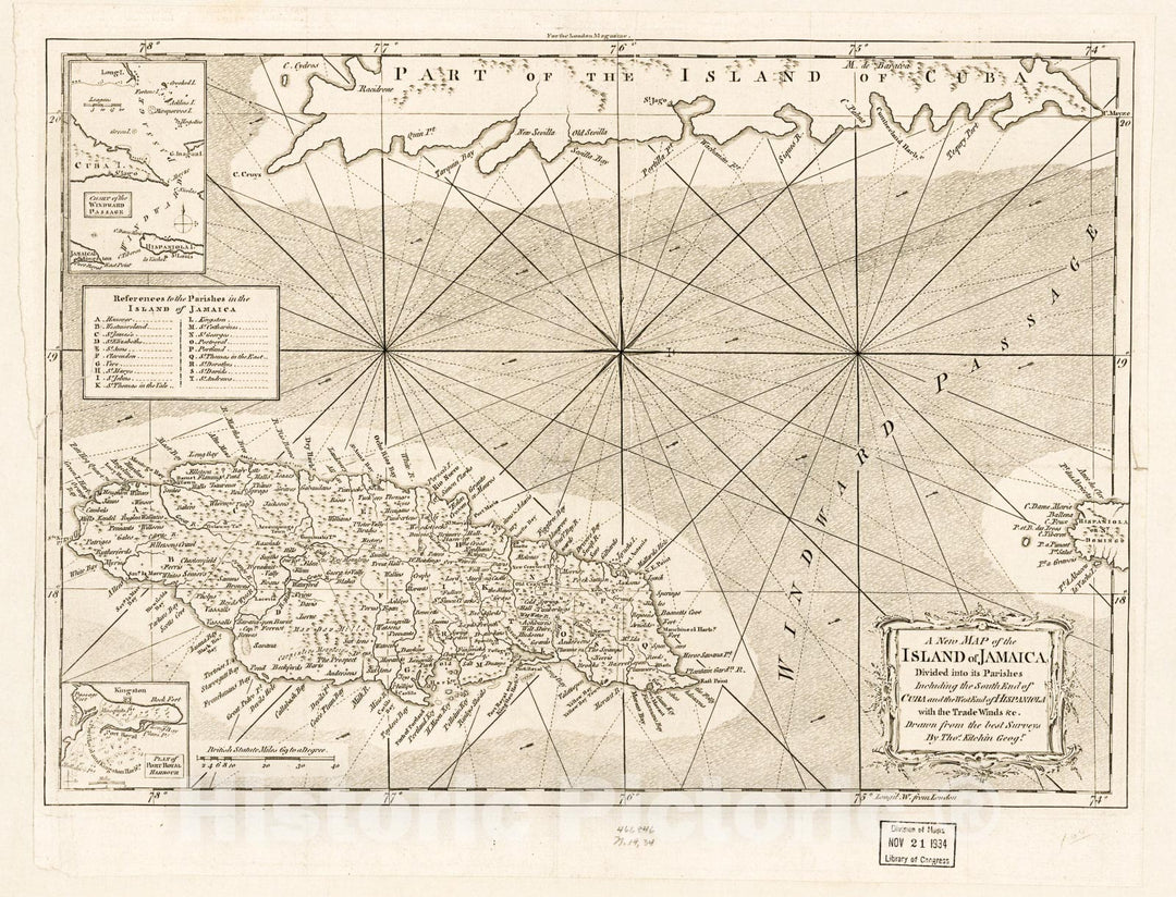 Historic 1765 Map - A New map of The Island of Jamaica Divided into its parishes : Including The South end of Cuba and The west end of Hispaniola with The Trade Winds